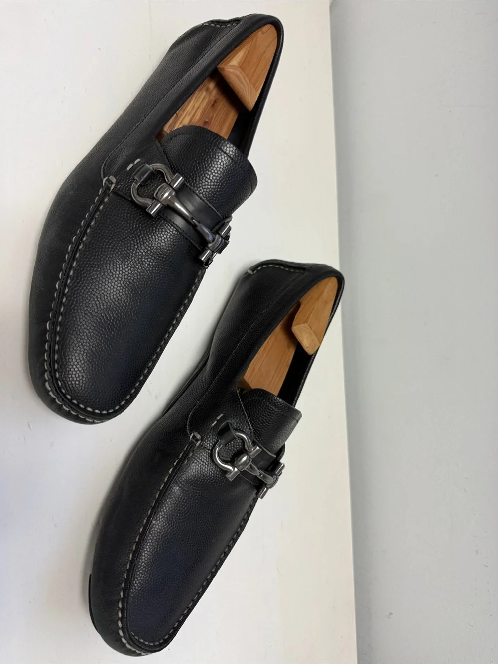 Salvatore Ferragamo Black Pebbled Leather Bit Slip-Ons
